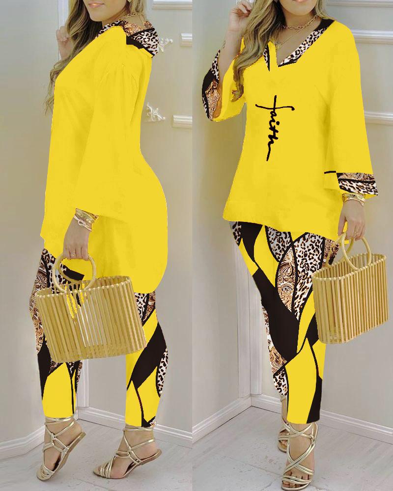 

Plus Size Faith Baroque Leopard Print Top & Pants Set, Yellow