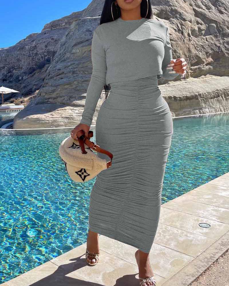 

Long Sleeve Crop Top & Ruched Maxi Skirt Set, Gray