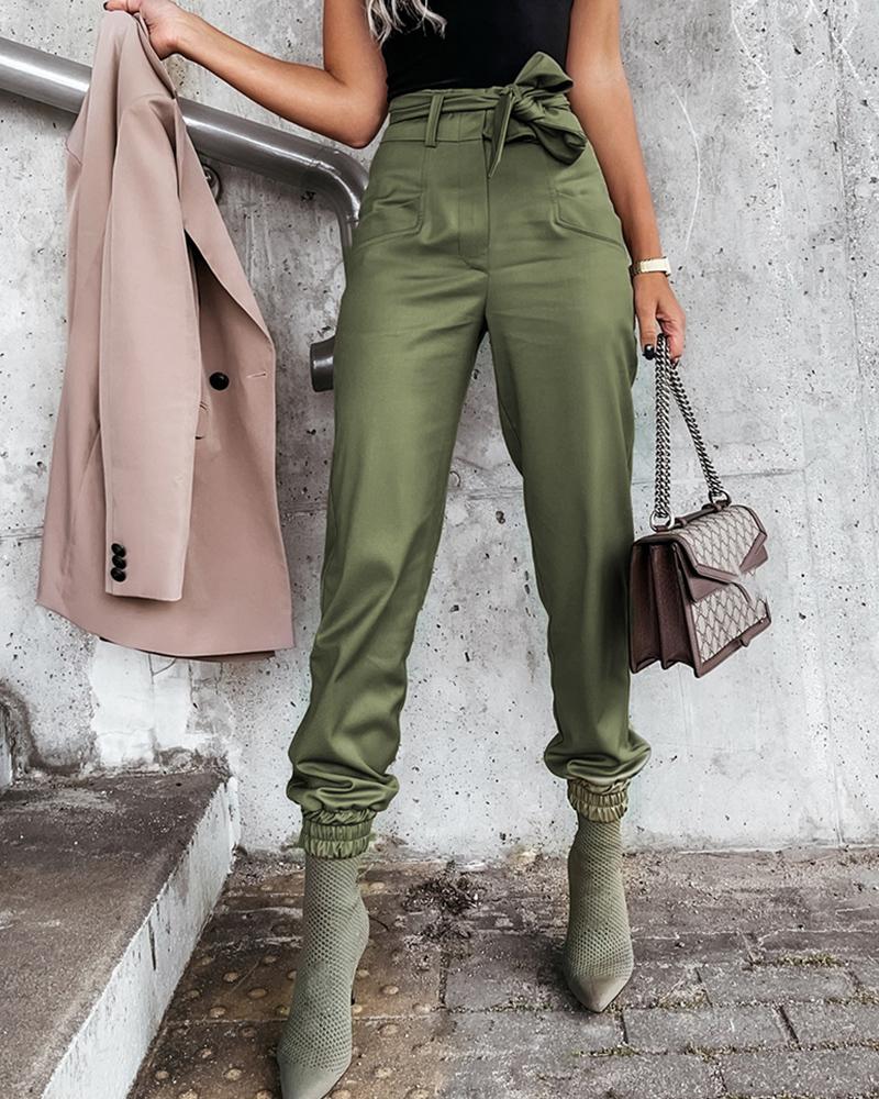 

High Waist Pocket Design Ruched Pants, Green