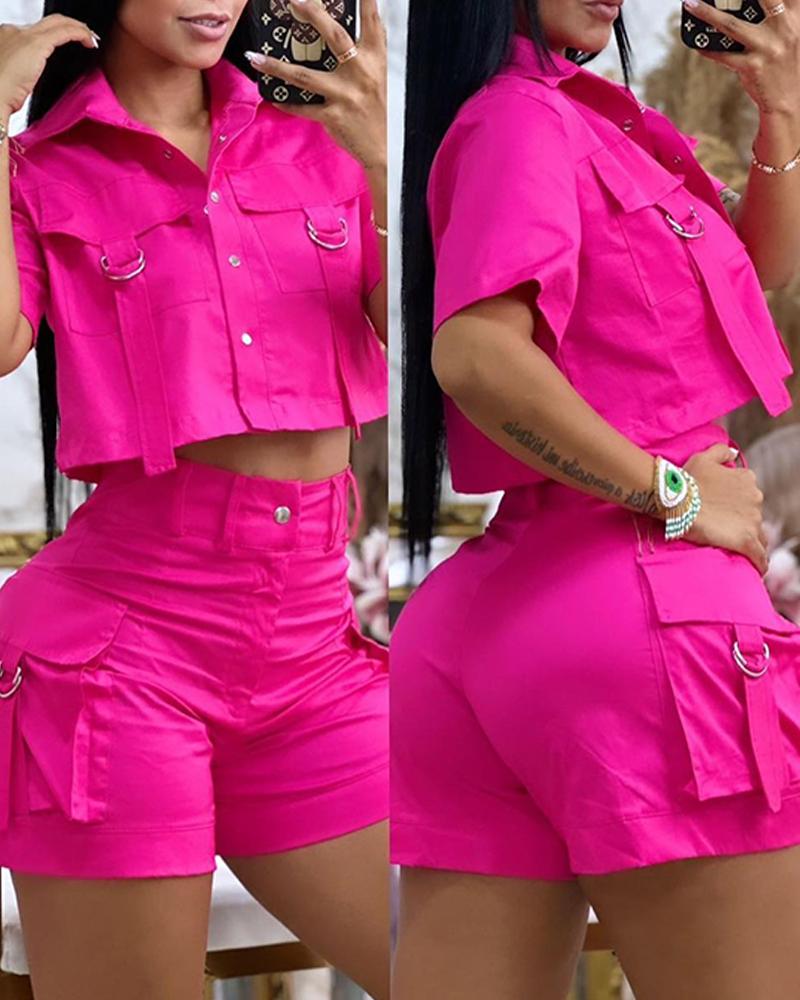 

Turn-down Collar Flap Detail Buttoned Crop Top & Pocket Design Shorts Set, Hot pink