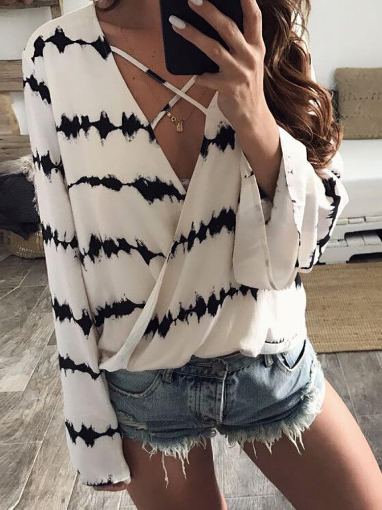 

V-Neck Wrap Crisscross Casual Blouse, White