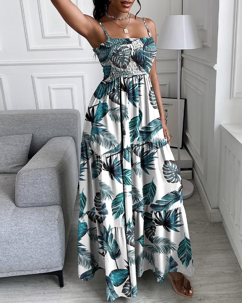 

Floral Print Shirring Detail Ruched Casual Maxi Dress, Green