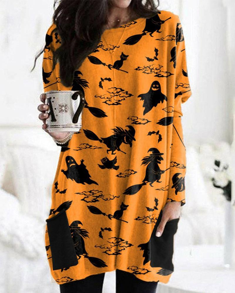 

Halloween Pumpkin Graphic Print Pocket Detail Long Sleeve Dress, Style3