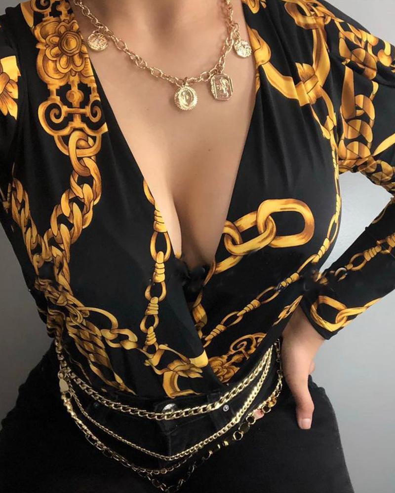 

Chain Print Long Sleeve Bodysuit, Black