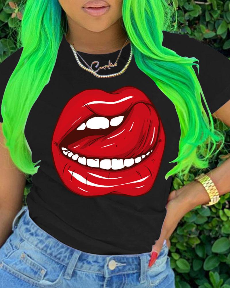 

Lip Print Short Sleeve Casual T-shirt, Black