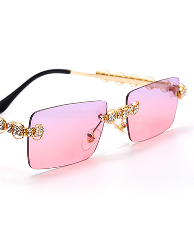 

1Pair Rimless Studded Frame Tinted Lens Sunglasses, Pink