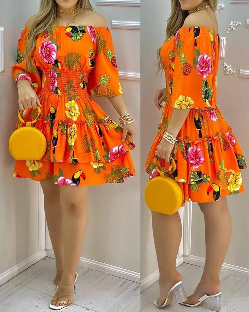 

Tropical Print Off Shoulder Casual Dress, Orange