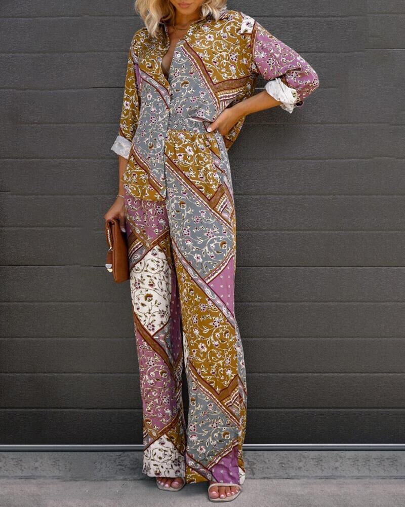 

Scarf Print Long Sleeve Button Down Shirt & Pants Set, Multicolor