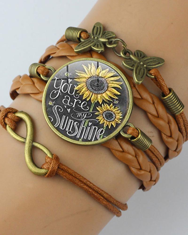 

1pc Sunflower You Are My Sunshine Butterfly Multi-Layer Braided Bracelet, Brown