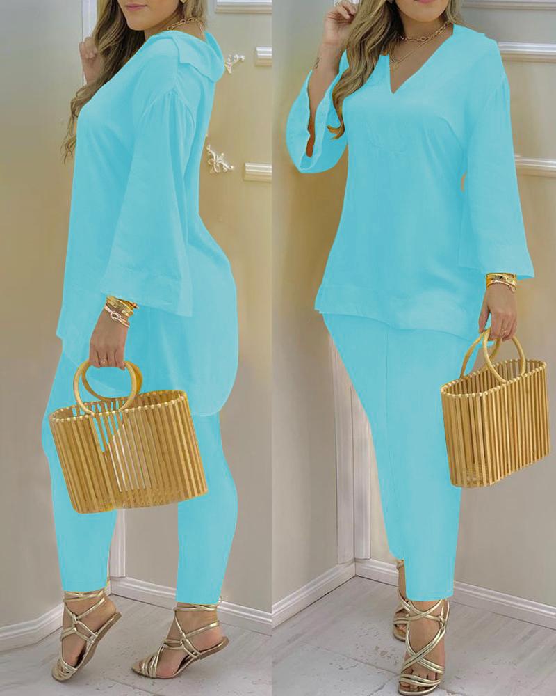 

Bell Sleeve V-Neck Casual Top & Pants Set, Sky blue