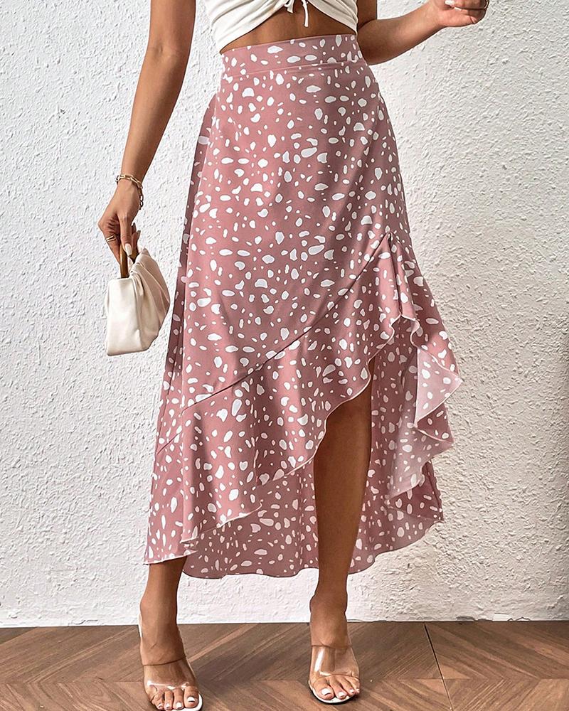 

Leopard Print Ruffle Hem Asymmetrical Skirt, Pink