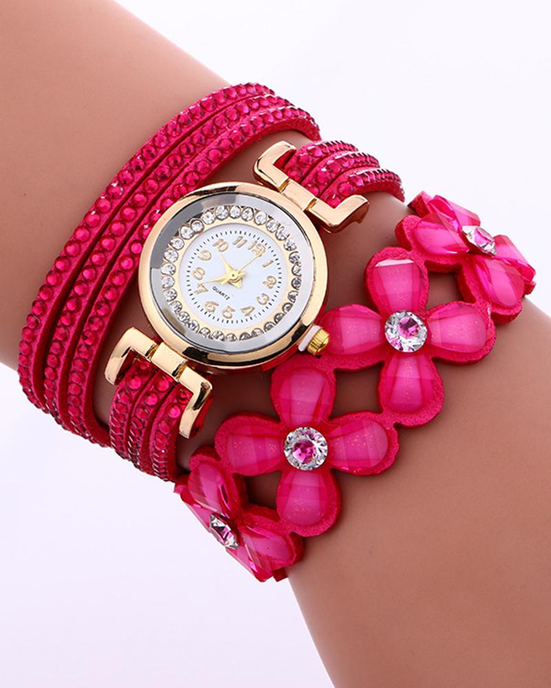 

1pc Rhinestone Floral Pattern Stackable Bangle Quartz Watch, Hot pink