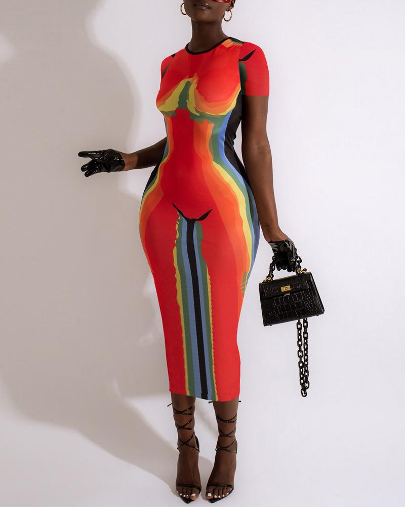 

Colorblock Short Sleeve Bodycon Dress, Red