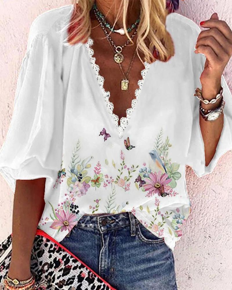 

Floral Butterfly Print Contrast Lace V-Neck Top, White