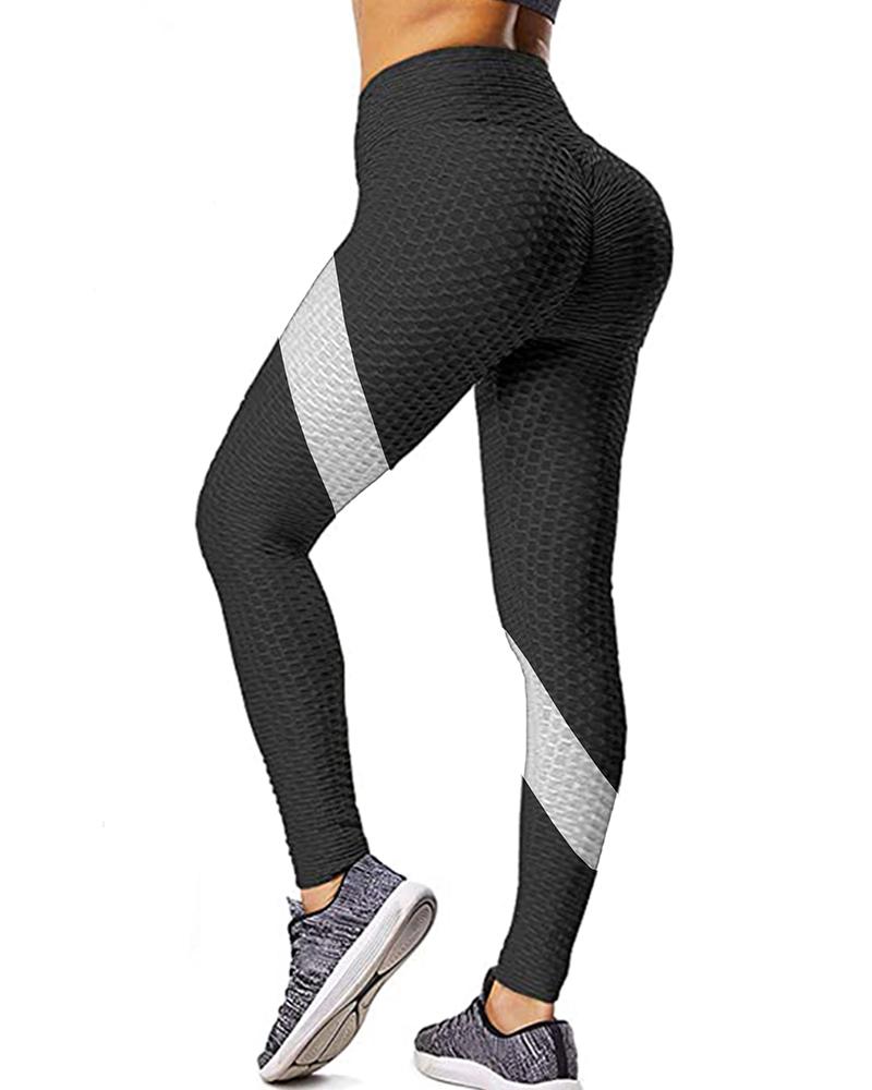

Striped Print Bubble Textured Butt Lifting Tummy Control Leggings, Black&white