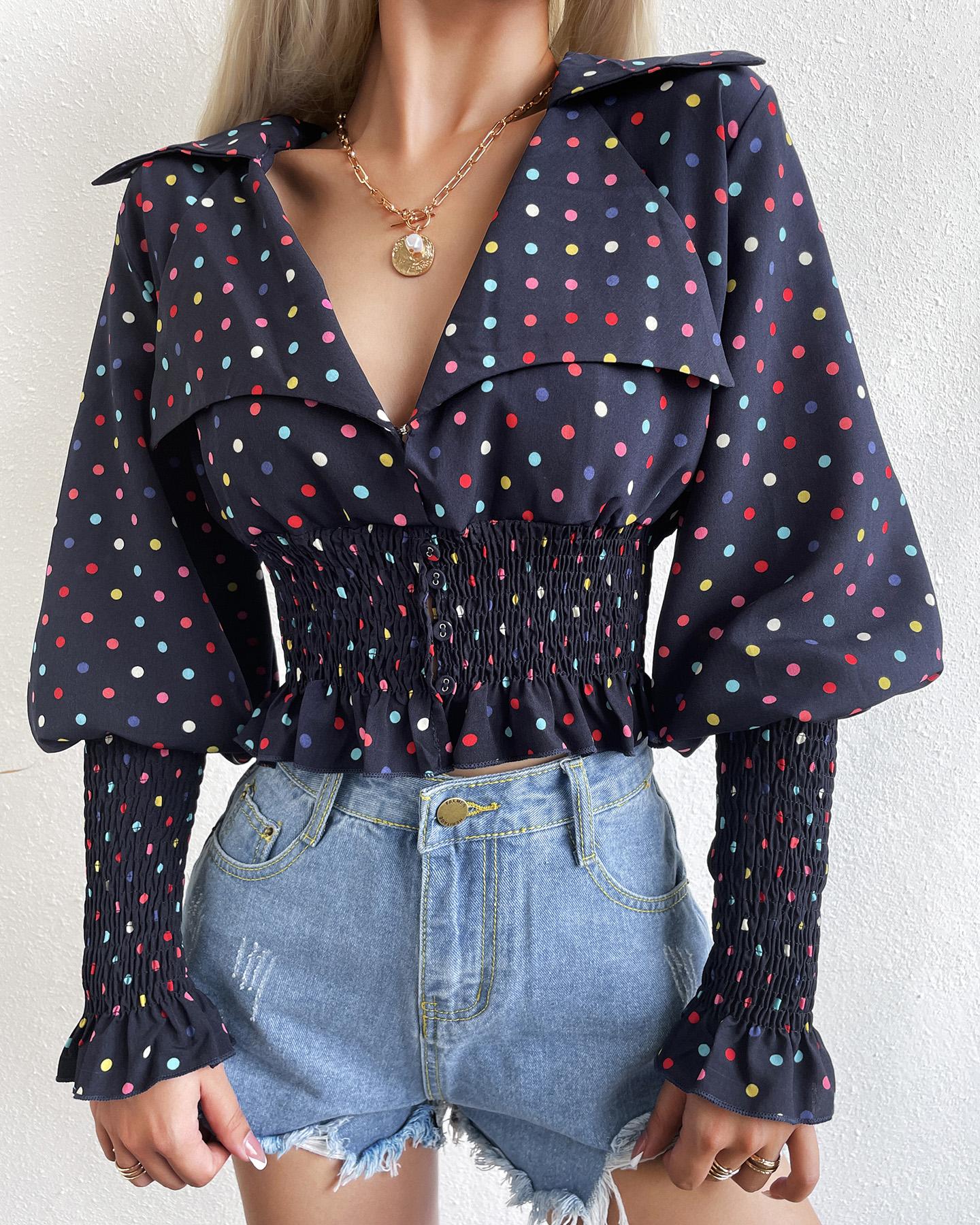 

Polkadot Print Lantern Sleeve Shirred Top, Purplish blue