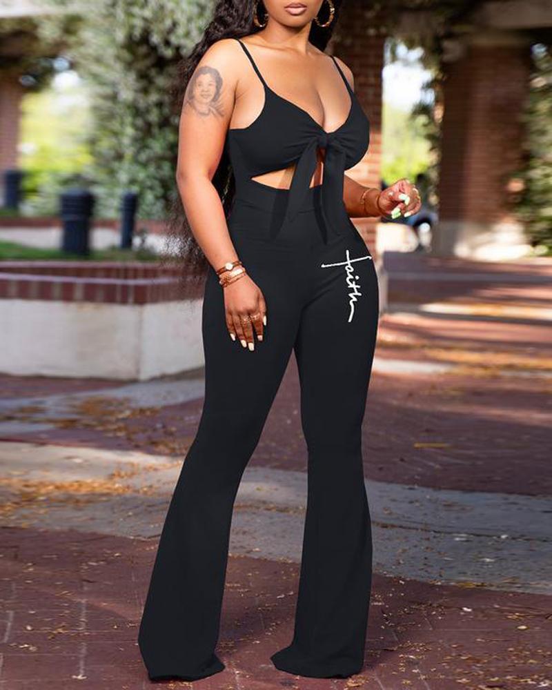 

Knotted Cutout Bootcut Cami Jumpsuit, Black