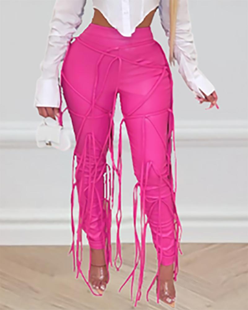 

PU Leather High Waist Strap Decor Pants, Pink