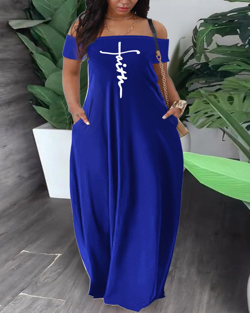 

Plus Size Faith Print Off Shoulder Maxi Dress, Blue