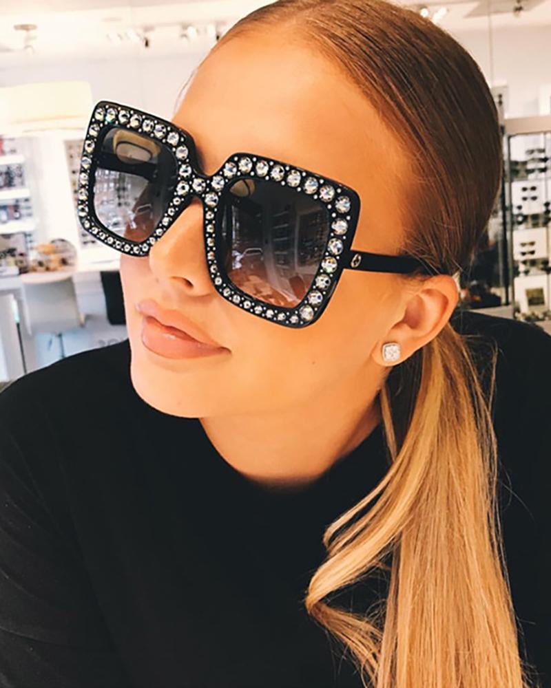 

1Pair Rhinestone Decor Square Frame Sunglasses, Black