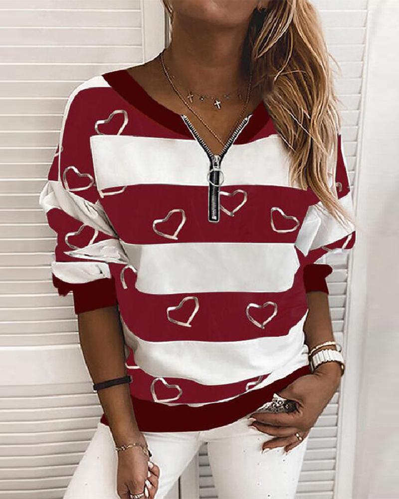 

Heart Striped Print Colorblock Zipper Design Top, Red