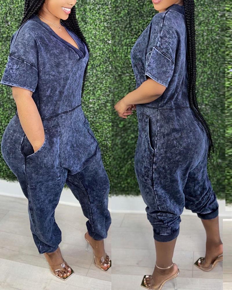 

Pocket Detail V-Neck Casual Jumpsuit, Purplish blue