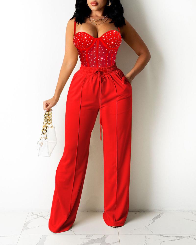 

Rhinestone Zipper Back Cami Top & Wide Legs Drawstring Pants Set, Red