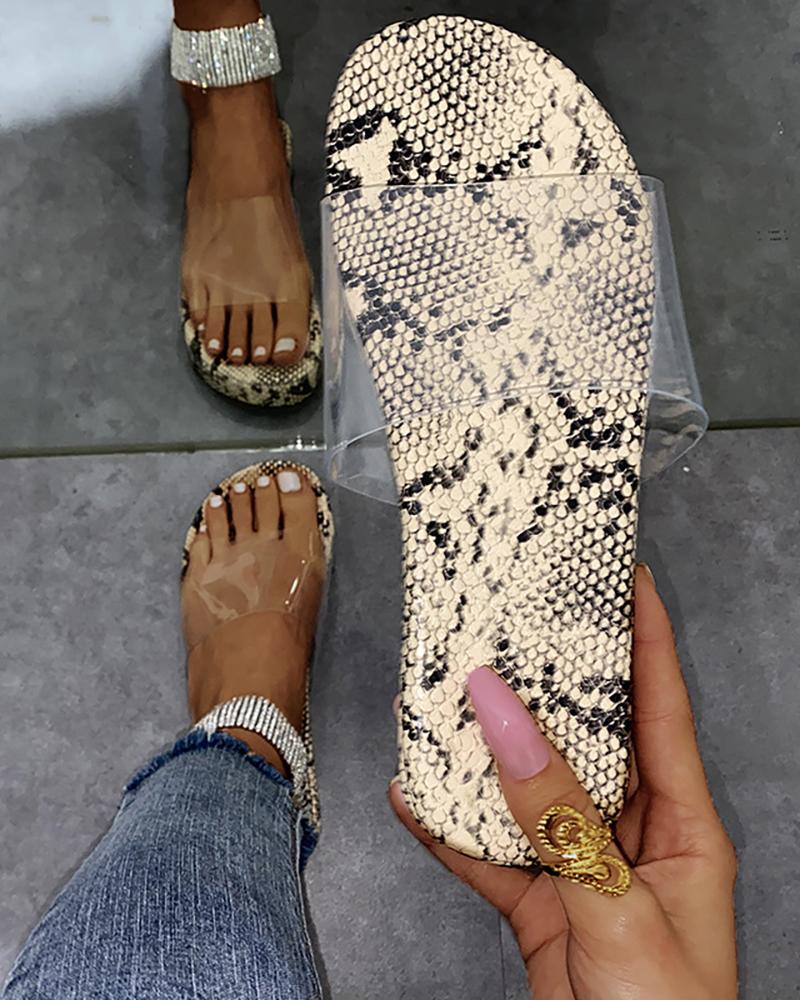 

Snakeskin Print Clear Perspex Open Toe Slide Sandals, Apricot