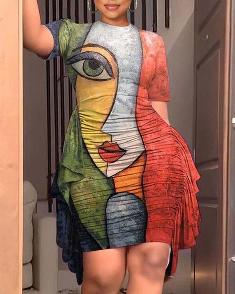 

Abstract Figure Print Ruffle Hem Ruched Casual Dress, Multicolor