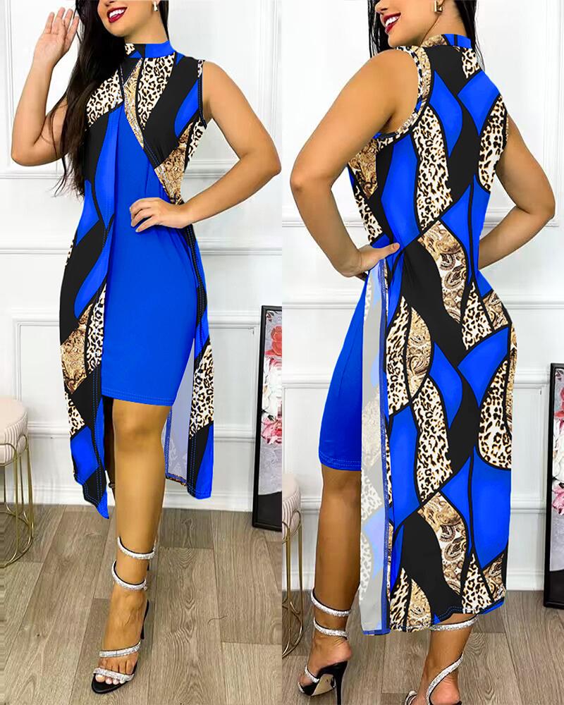 

Baroque Leopard Print Slit Asymmetrical Casual Dress, Blue