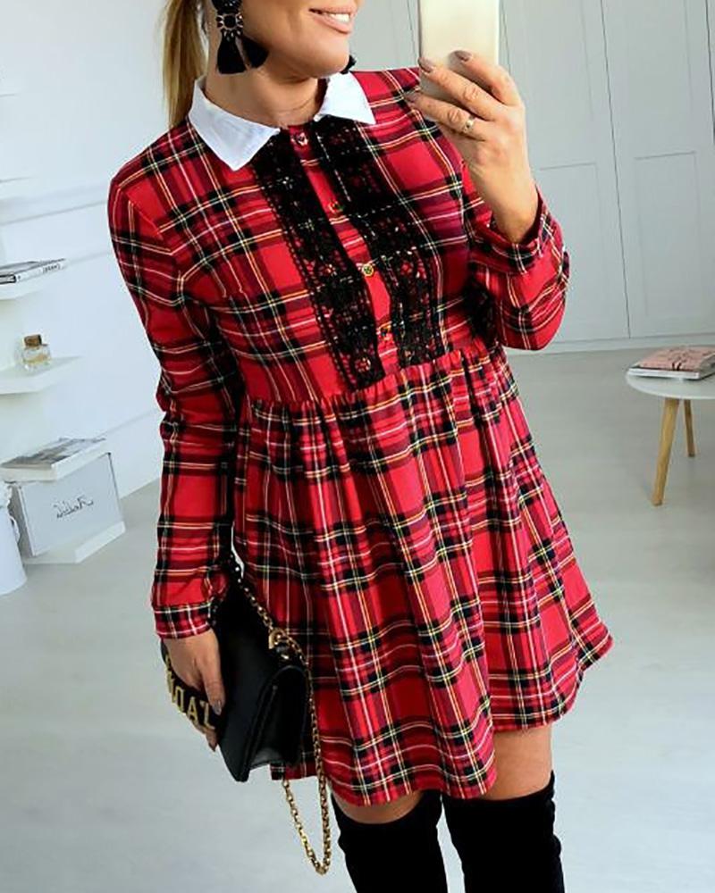 

Plaid Print Contrast Lace Shirt Dress, Red