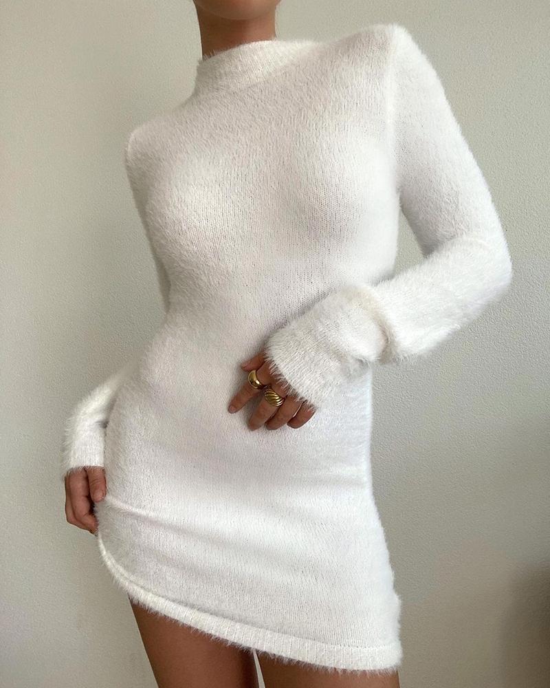 

Solid Long Sleeve Skinny Mini Dress, White