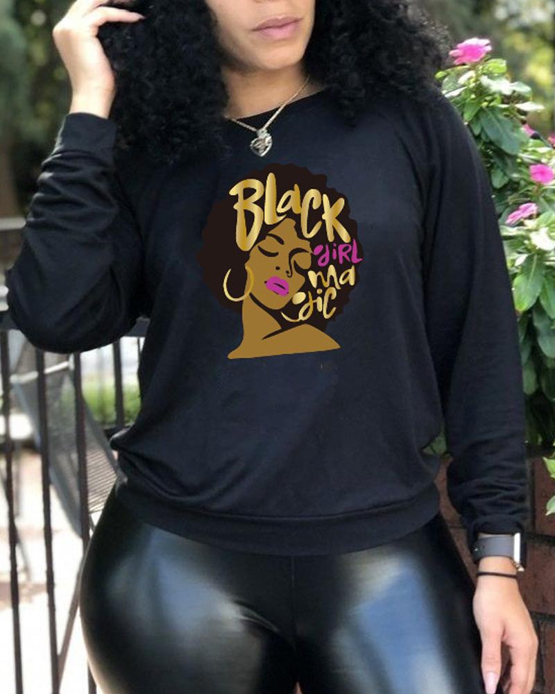 

Plus Size Figure Letter Print Long Sleeve Sweatshirt, Black