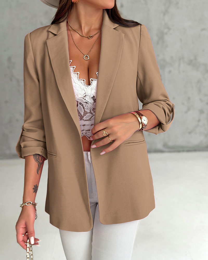 

Notched Collar Roll Up Sleeve Blazer Coat, Light coffee