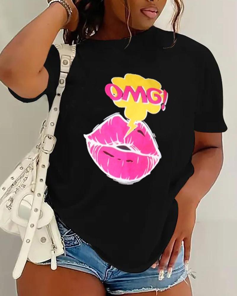 

Plus Size OMG Lip Graphic Print Crew Neck Casual T-shirt, Black