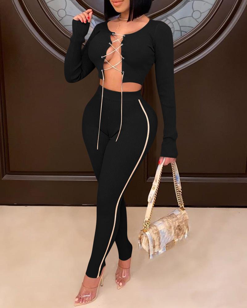 

Plain Lace Up Long Sleeve Top & Pants Set, Black