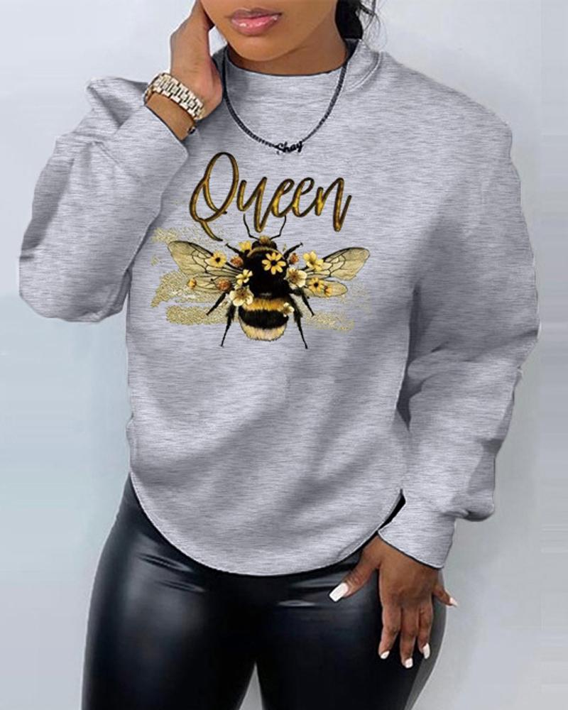 

Letter Bee Print Long Sleeve Casual Sweatshirt, Gray