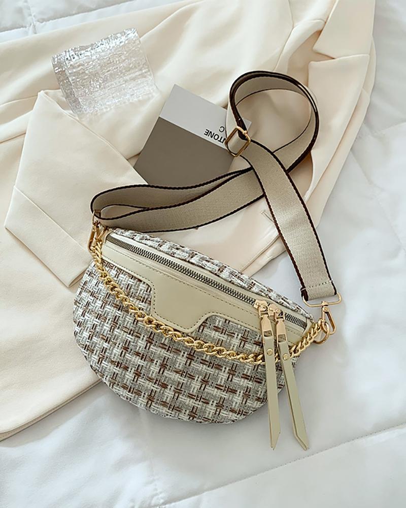

Braided Zipper Design Chain Decor Crossbody Bag, White