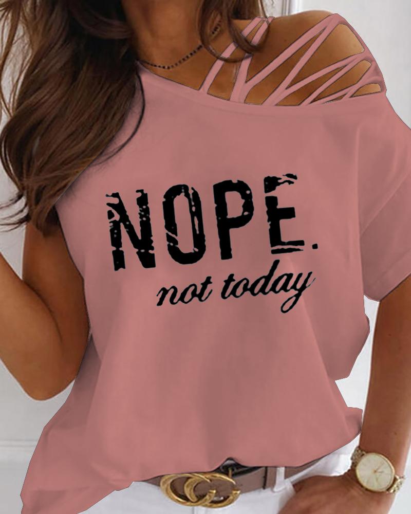 

One Shoulder Lace-Up Letter Print T-shirt, Pink