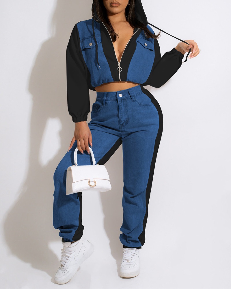 

Colorblock Denim Patch Crop Top & Cuffed Pants Set, Black