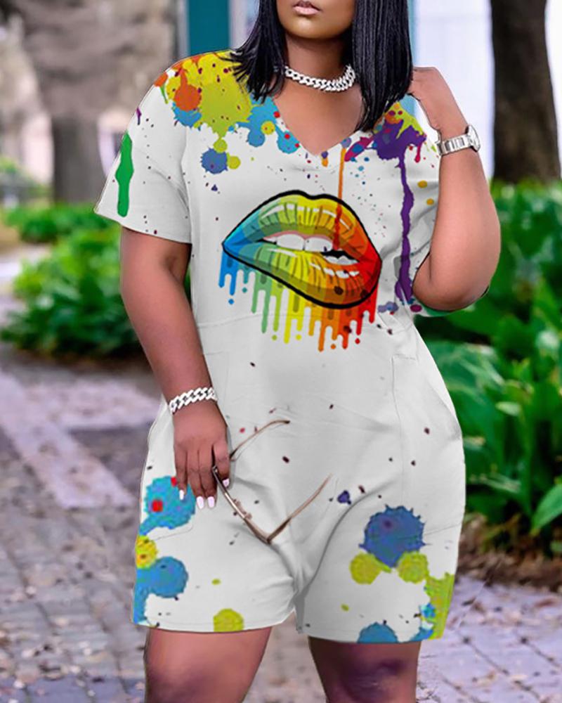 

Pocket Design Lip Print Colorblock Short Sleeve Romper, White