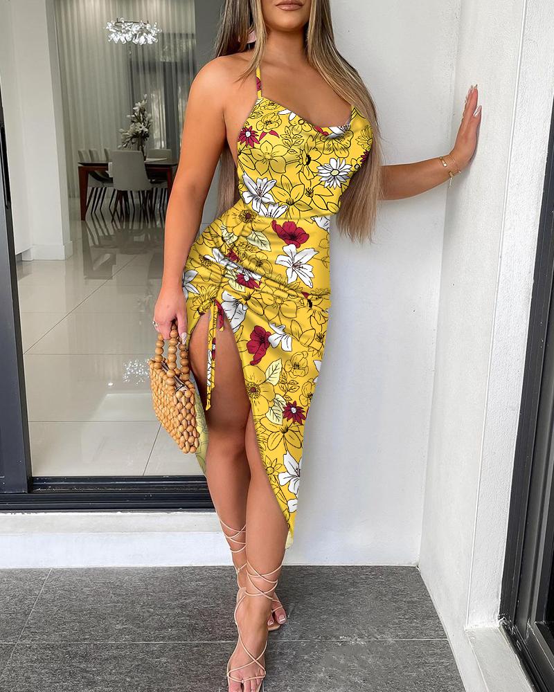 

Floral Print Halter High Slit Midi Dress, Yellow