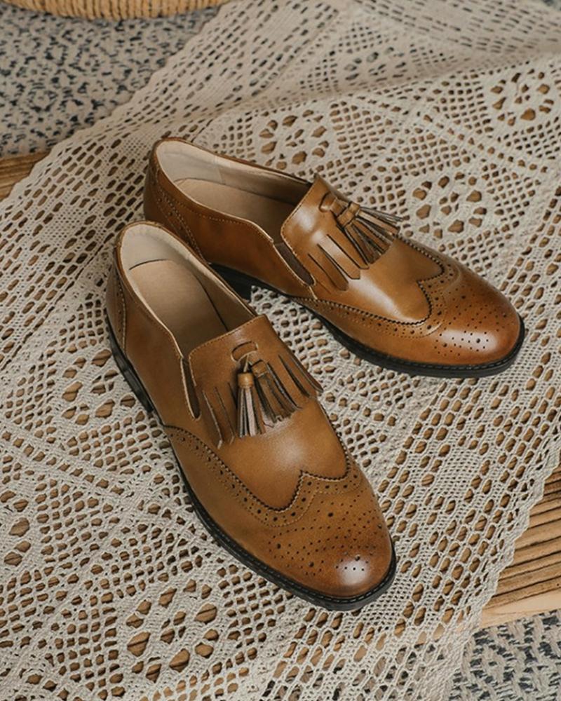 

Solid Tassel Upper Round-toe Flat Loafer Shoes, Brown