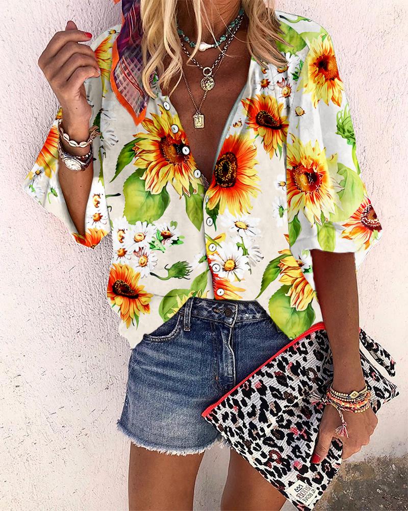 

Sunflower Print Button Design Top, Yellow
