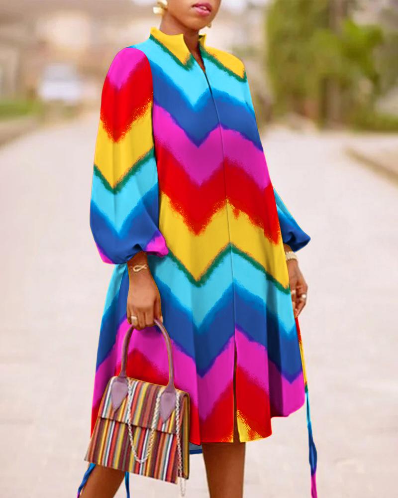 

Chevron Print Lantern Sleeve Slit Casual Dress, Multicolor