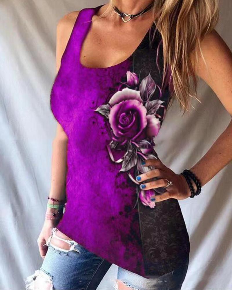 

Rose Print Sleeveless Loose Tank, Purple