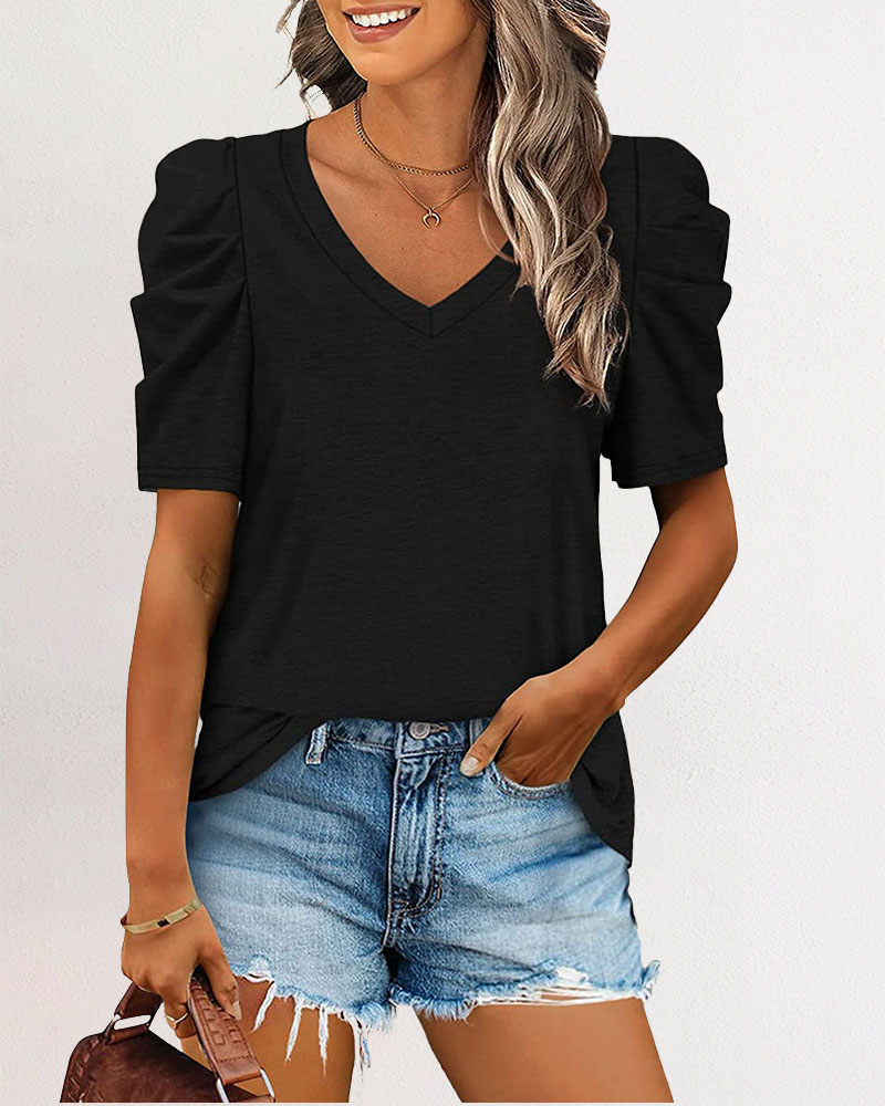 

V-Neck Puff Sleeve Casual T-shirt, Black