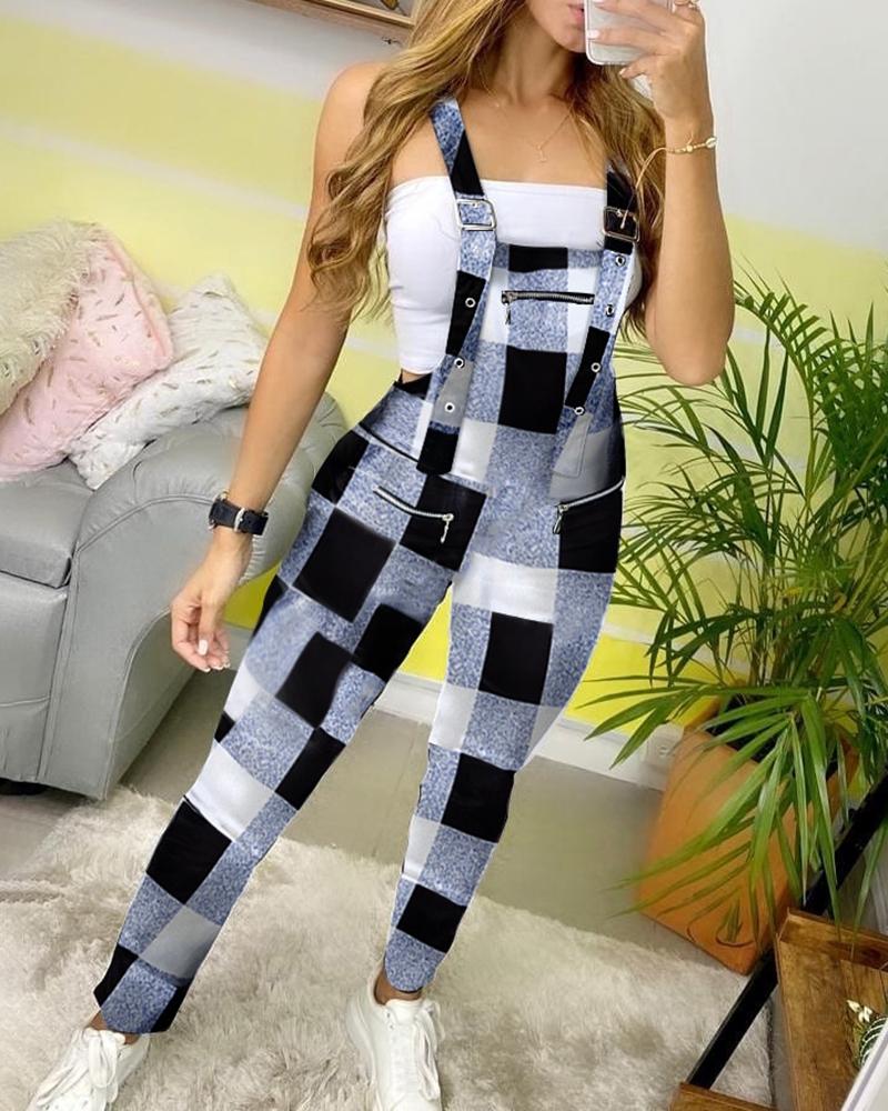 

Plaid Print Colorblock Zipper Design Suspender Jumpsuit, White