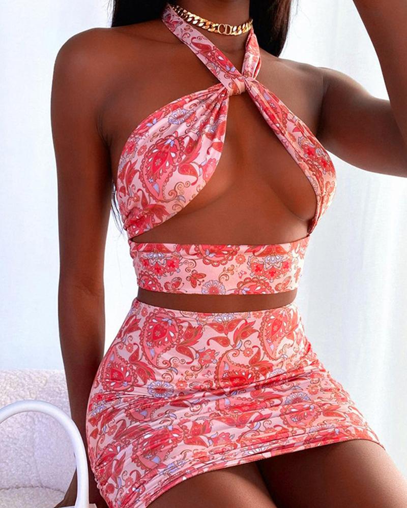 

Paisley Print Cut-out Halter Top & Skirt Set, Pink