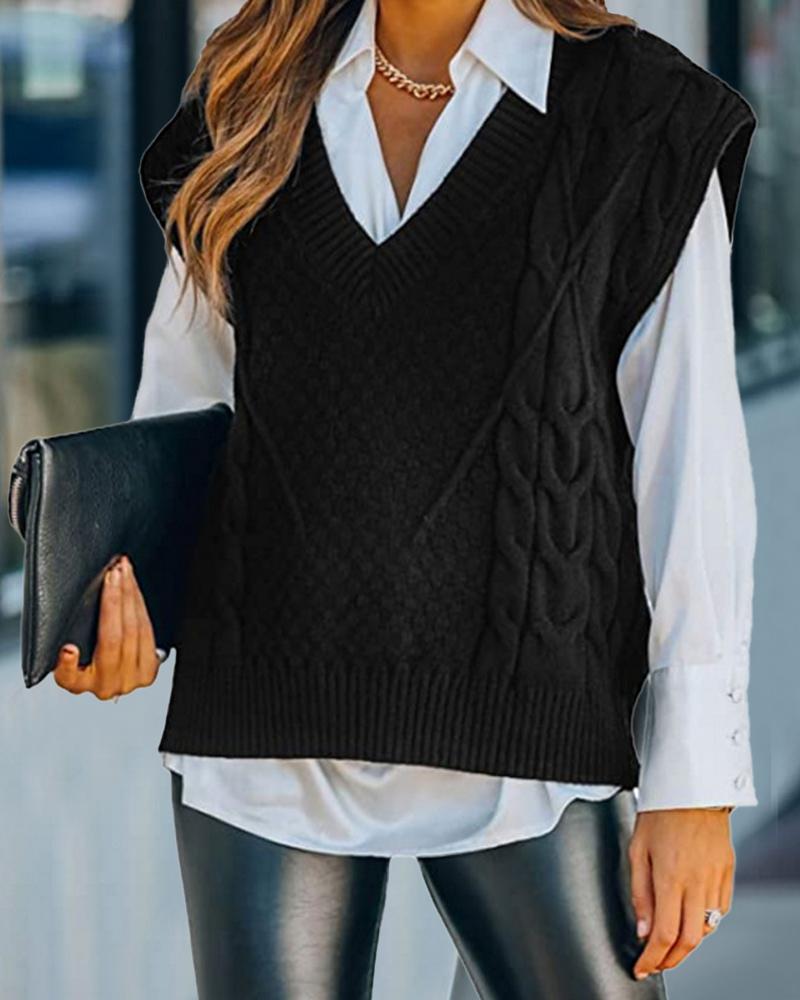 

V-Neck Cable Knit Sweater Vest, Black